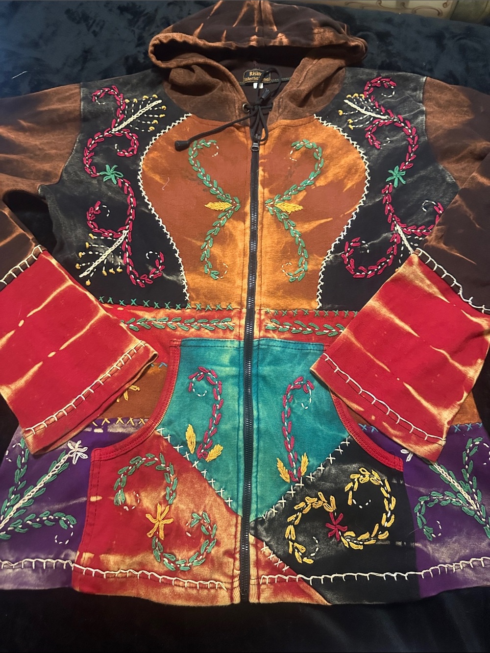 RISING INTERNATIONAL Embroidered Multi‑Color Patchwork Hooded Jacket LARGE